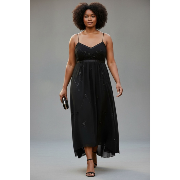 Y2K Black Chiffon Beaded Midi Dress - Picture 2 of 9